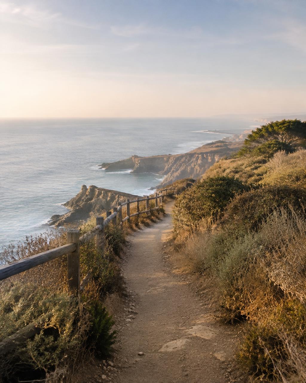 Coastal cliff path in warm morning light, representative travel imagery