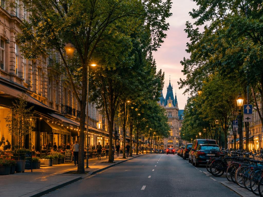 A tree-lined city street at dusk, representative travel imagery