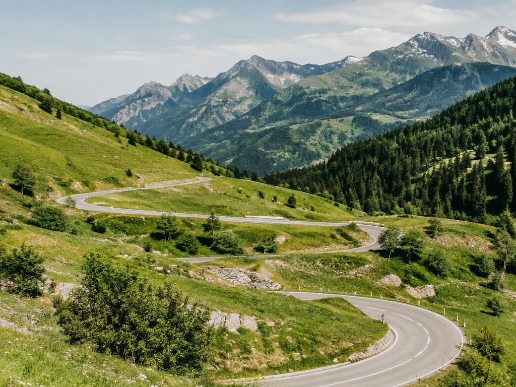 A winding mountain road through green hills, representative travel imagery